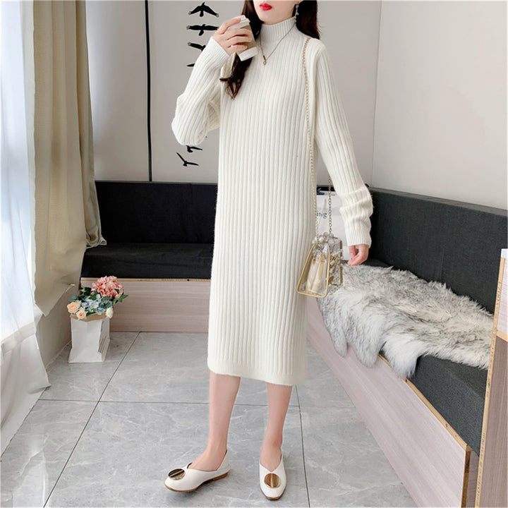 Maxi knit dress for women with high collar and fine ribbed structure Lune London