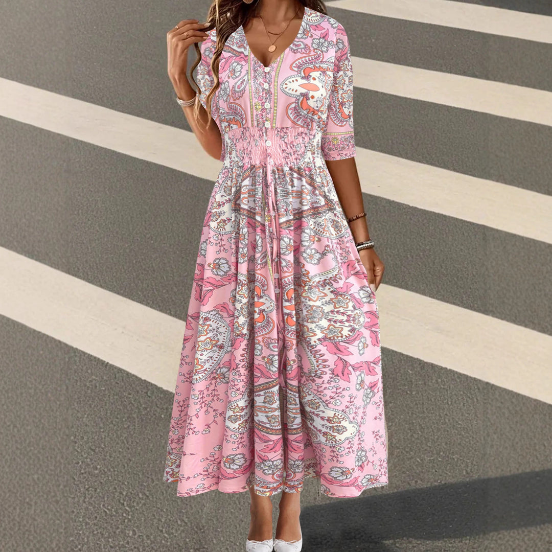 Maxi dress for ladies with paisley floral pattern and flattering V-neck Lune London