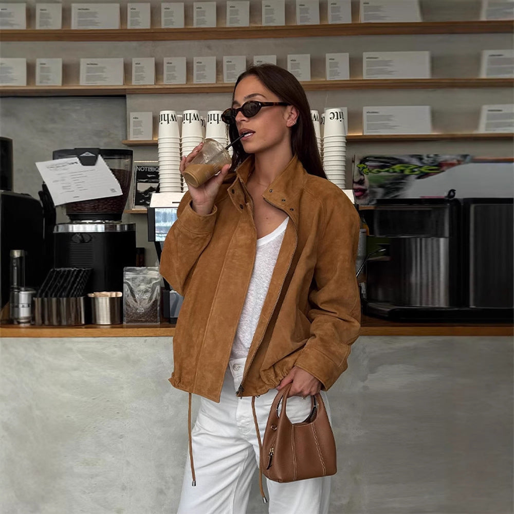 Suede jacket for women with modern collar and fitted design Lune London