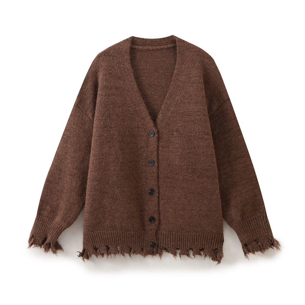 Casual knitted jacket for women with fringed hem and button closure Lune London