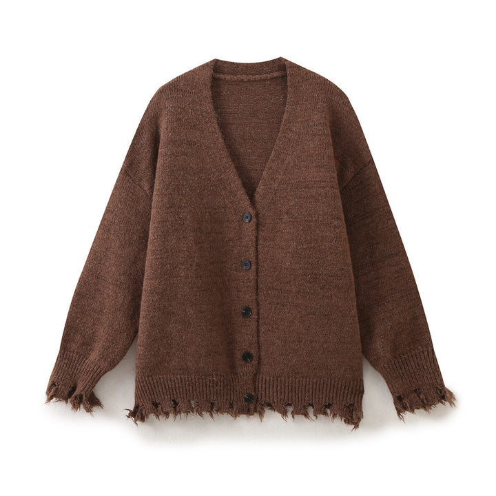 Casual knitted jacket for women with fringed hem and button closure Lune London