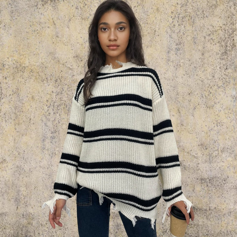 Pull en maille surdimensionné pour femme avec un motif à rayures tendance et des détails à franges Chic & Stil