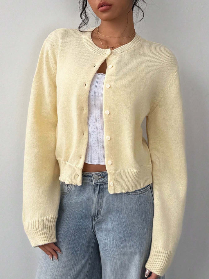 Lightweight knit jacket for ladies with button details and round neckline Lune London