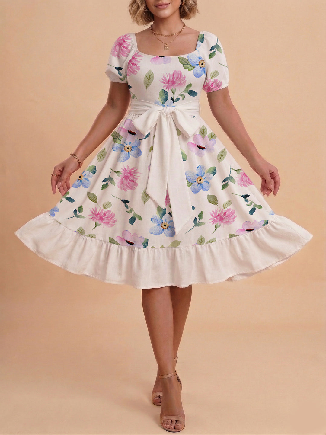 Women A-line dress with floral motifs and adjustable belt Lune London
