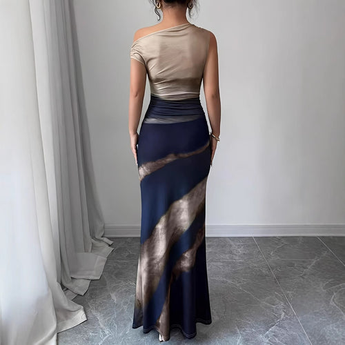 Ladies Elegant Maxi Dress with Asymmetrical Neckline and Side Slit Lune London