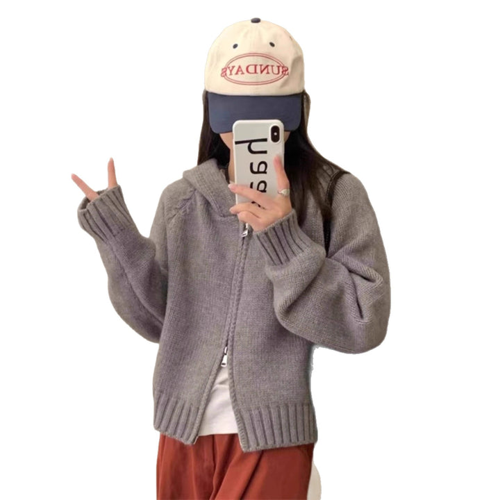 Ladies warm knit jacket with hood and pockets Lune London