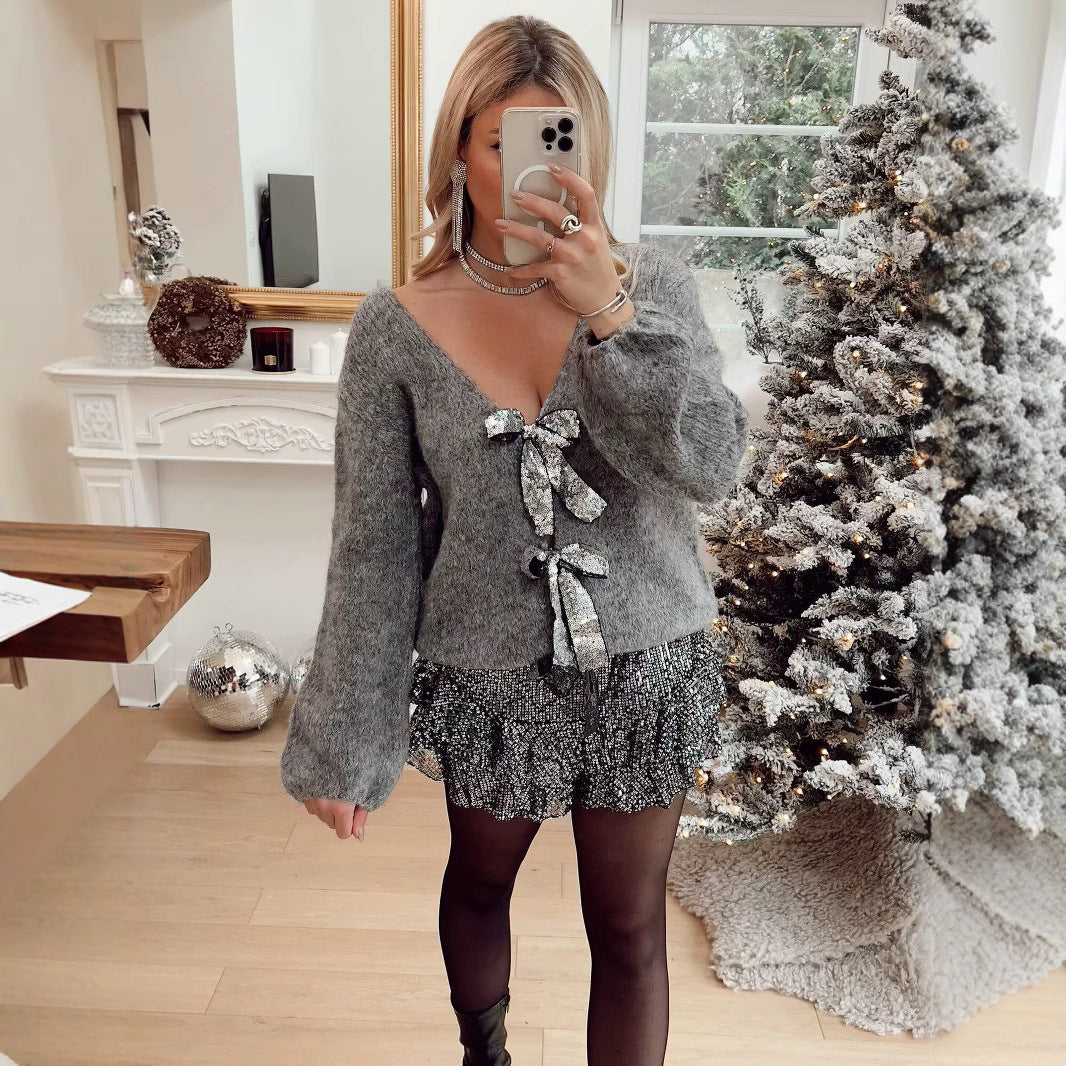 Cardigan en tricot lâche pour femmes avec détails élégants en forme de nœud Chic & Stil