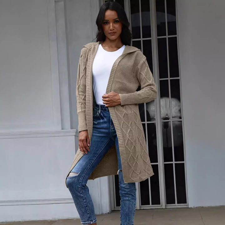 Knit coat for women with an elegant braid design and a comfortable hood Lune London