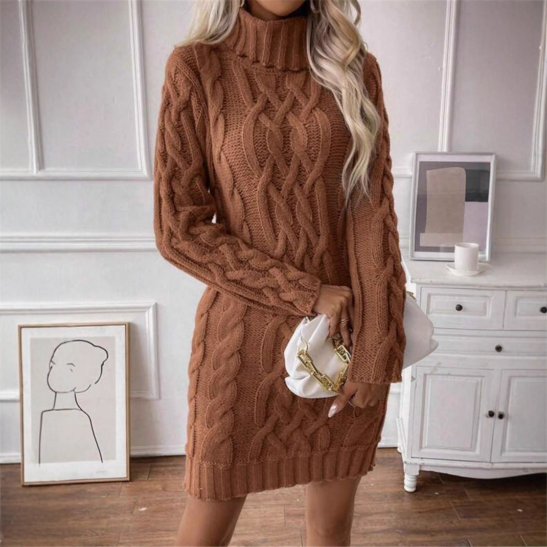 Knit dress for women with high collar and embossed pattern Lune London