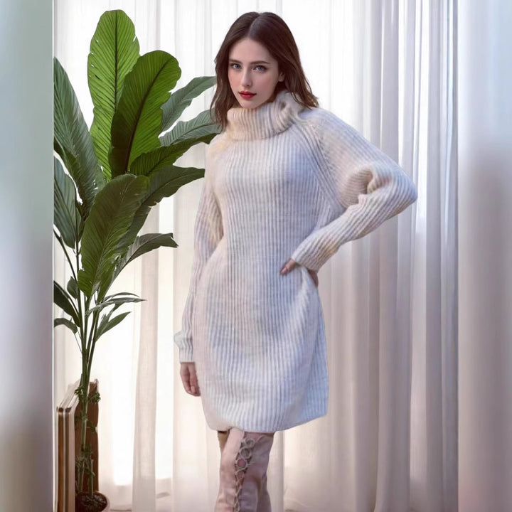 Knit dress for women with high collar and fine ribbed structure Lune London