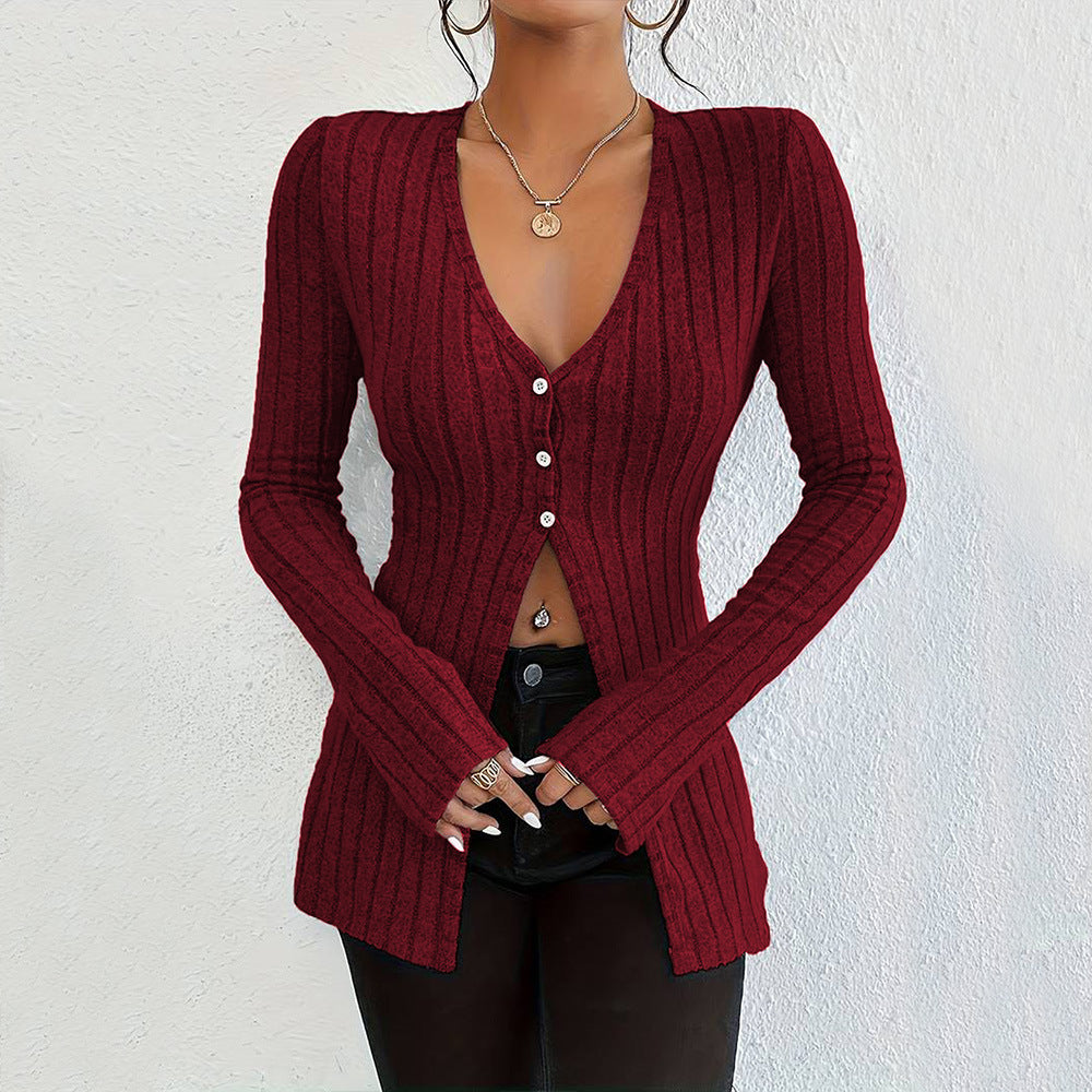 Cardigan pour femme à manches longues avec texture à côtes fines et détails de boutons élégants Chic & Stil
