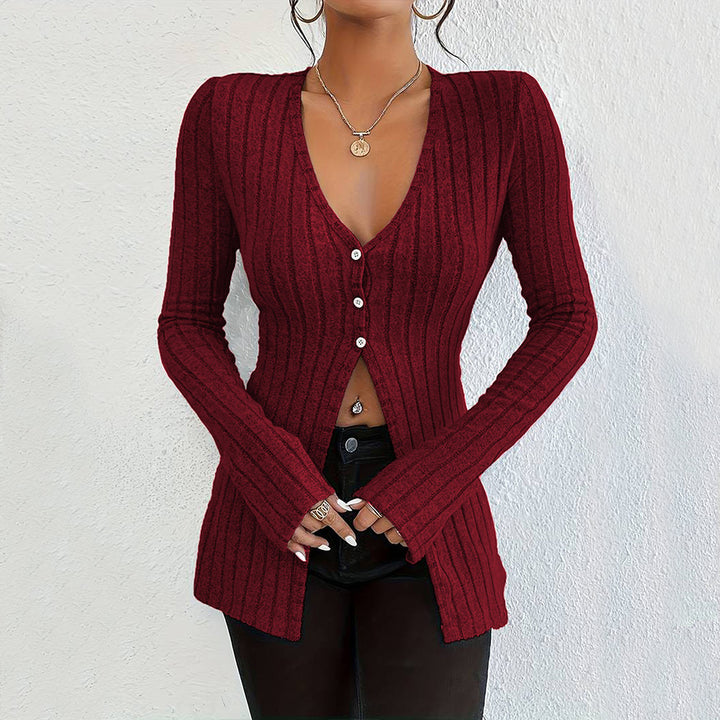 Cardigan pour femme à manches longues avec texture à côtes fines et détails de boutons élégants Chic & Stil