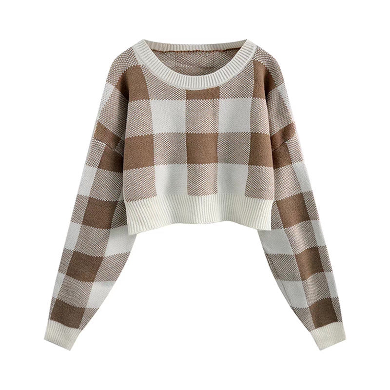 Lune London long sleeve cropped sweater for women with checked pattern