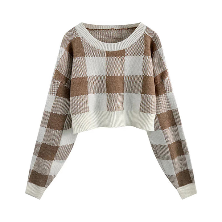 Lune London long sleeve cropped sweater for women with checked pattern