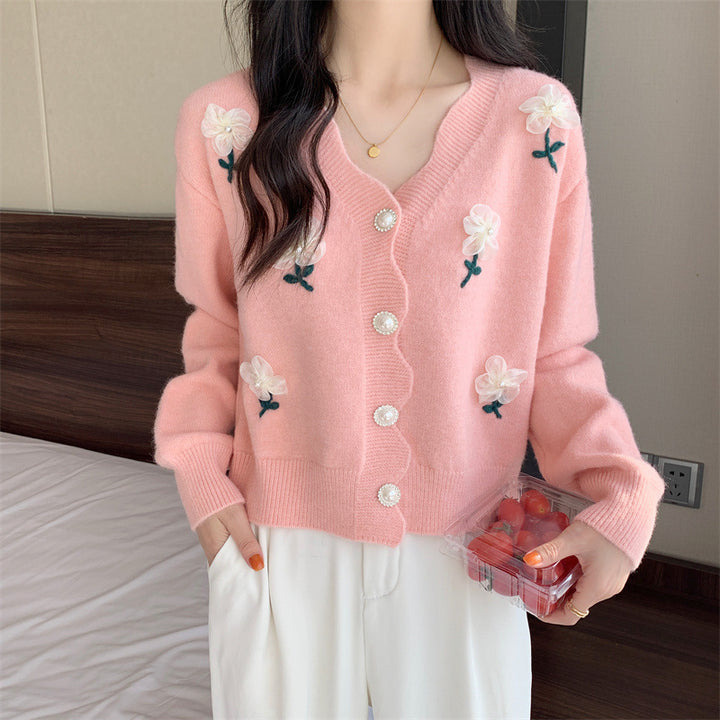 Playful women's cardigan button with floral embroidery and pearl buttons Lune London