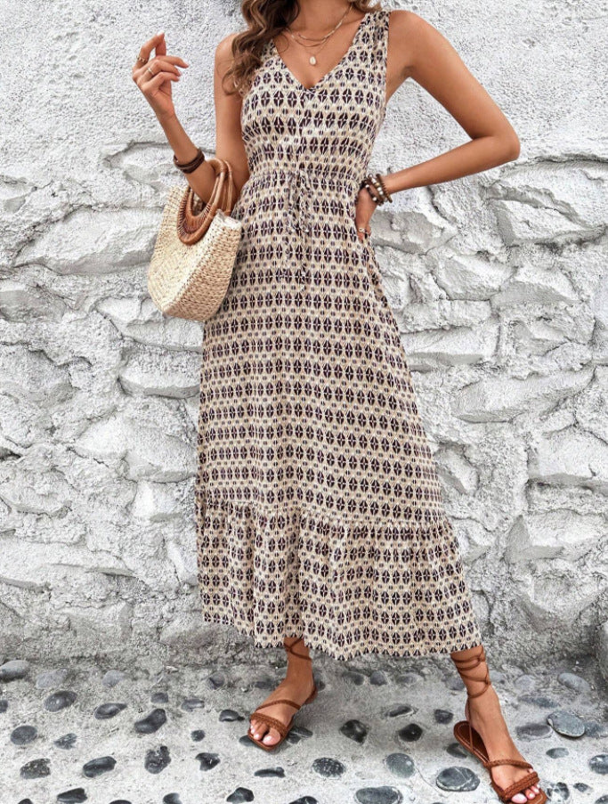Lune London Women's Sleeveless Bohemian Maxi Dress with Tied Belt