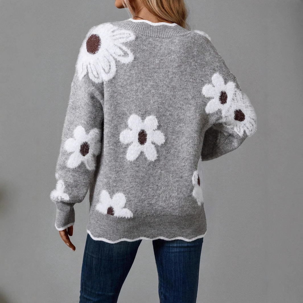Knit sweater for women with floral design and V neck Lune London