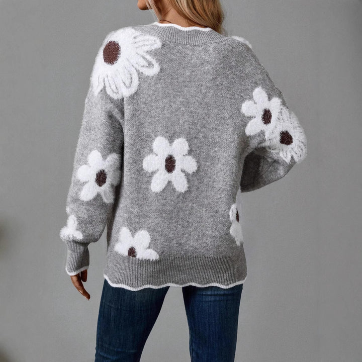 Knit sweater for women with floral design and V neck Lune London