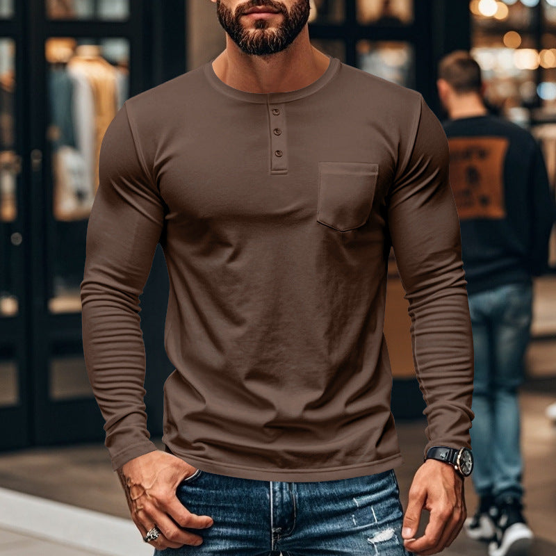Men's long-sleeve shirt with modern Henley neckline and practical chest pocket Chic and style
