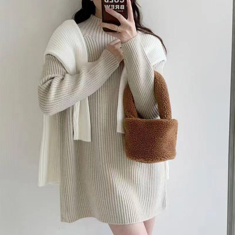 Knitted dress for women with a nice ribbed design and a high collar Lune London