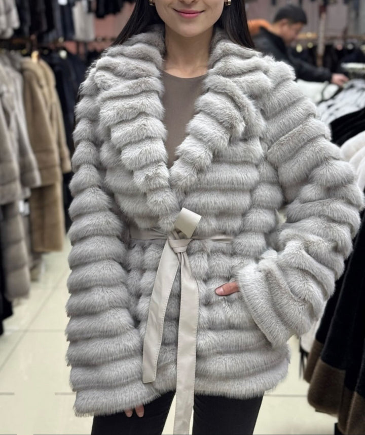 Women Boucle Plush Cardigan with Tie Belt and Oversized Cut Lune London