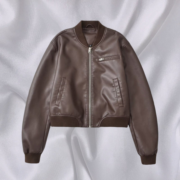 Faux leather bomber jacket for women with elastic finish and practical pockets Lune London