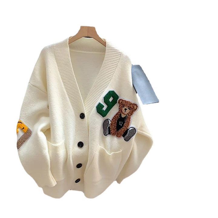 Oversized knitted jacket for women with bear appliqués and large pockets Lune London