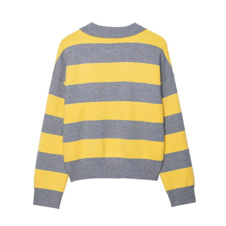 Ladies fashion sweater with polo collar and striped design Lune London