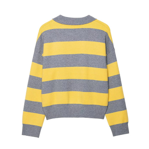 Ladies fashion sweater with polo collar and striped design Lune London