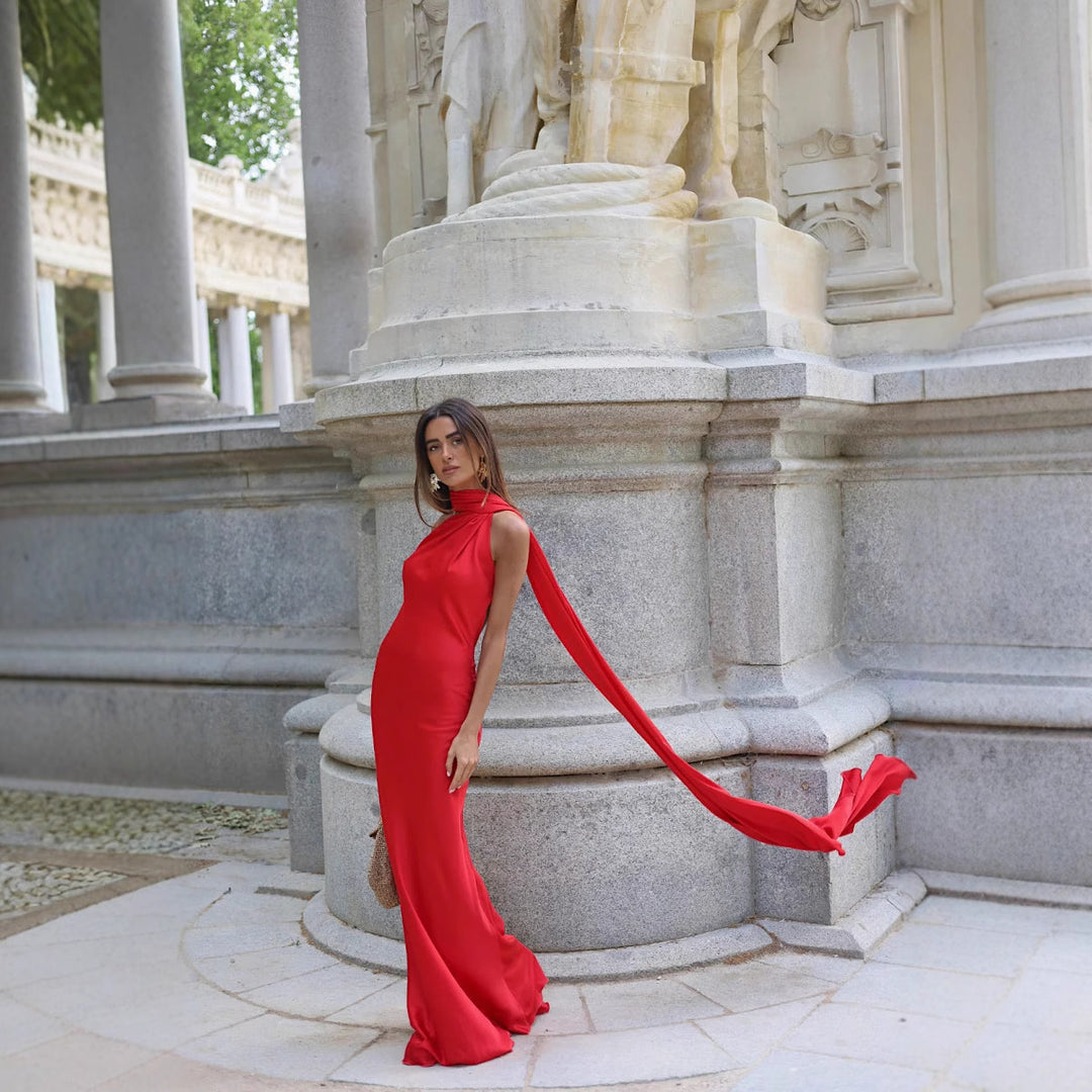 Ladies Elegant Maxi Dress with Asymmetric Cut and Chic Gathering Lune London