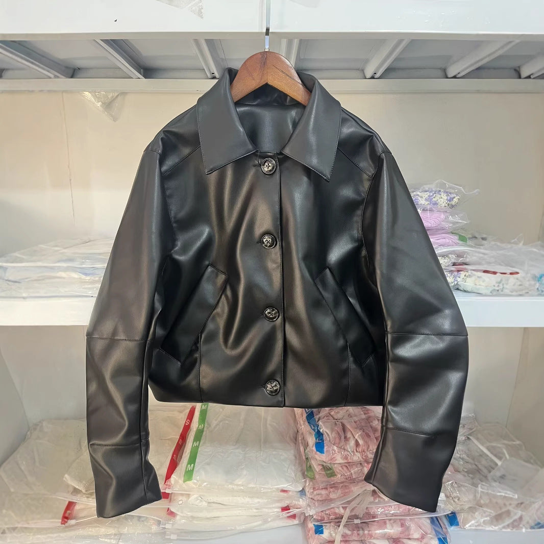 Women's faux leather jacket with modern button details Lune London