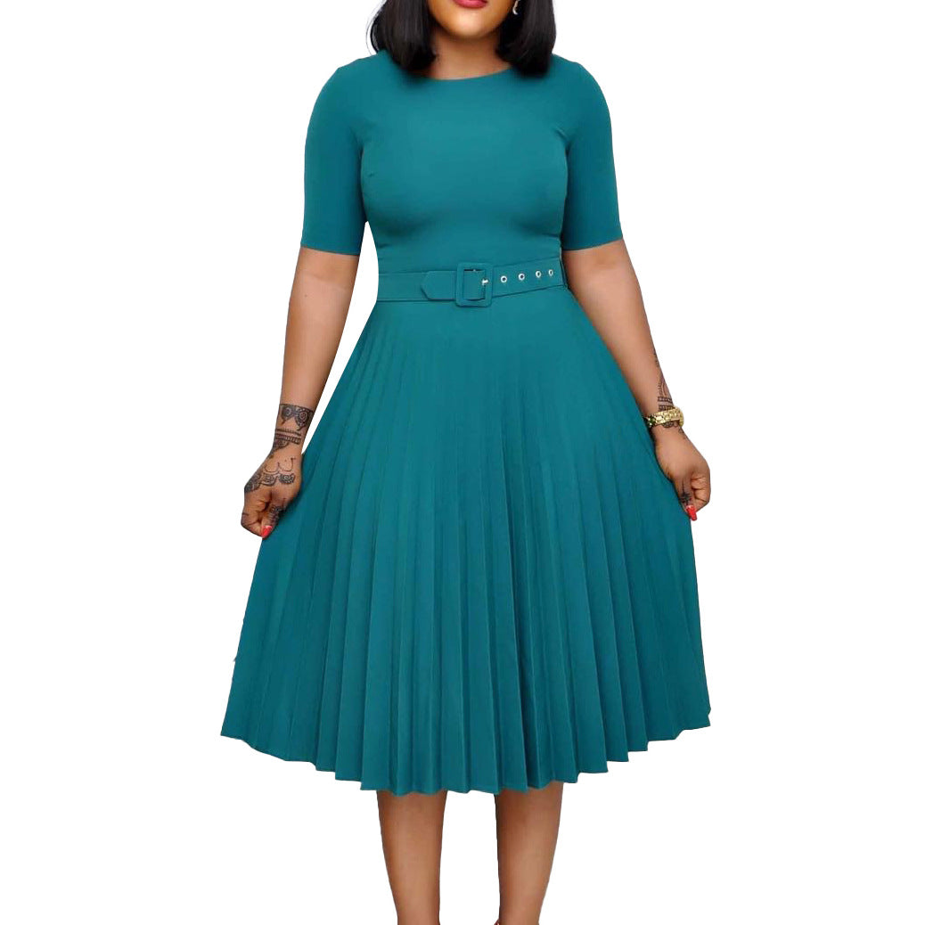 Pleated dress for women with a fitted belt and short sleeves Lune London