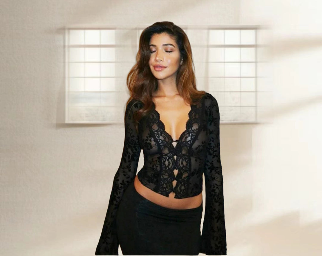 Lace blouse for women with leopard pattern and romantic ruffles Lune London