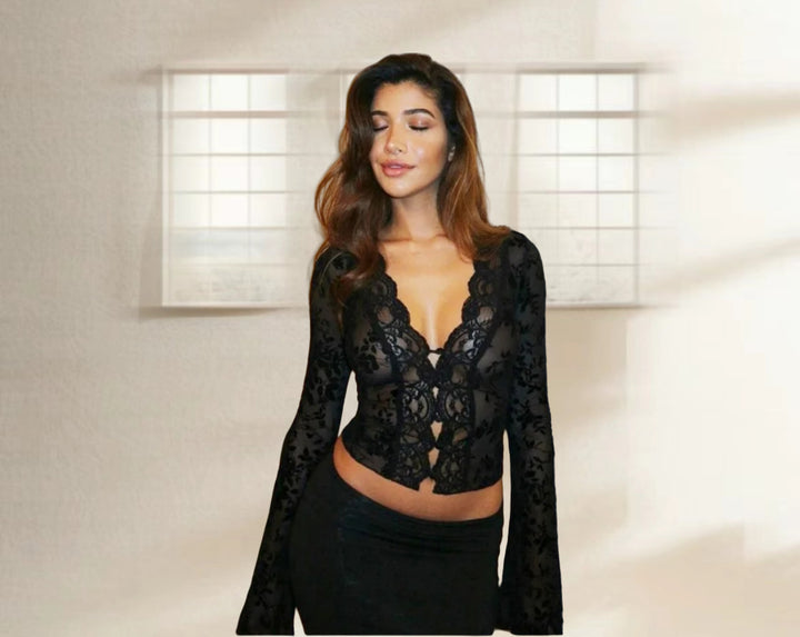 Lace blouse for women with leopard pattern and romantic ruffles Lune London