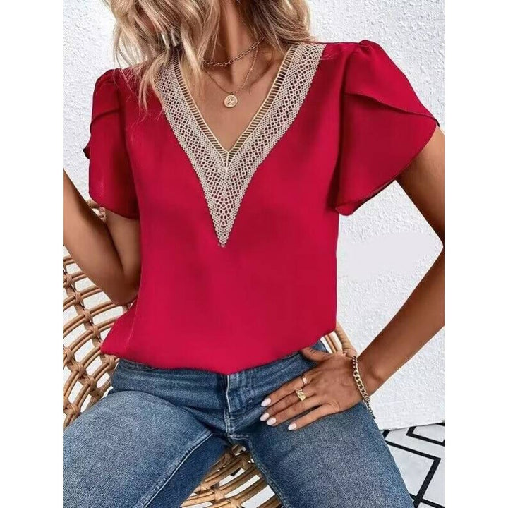 Elegant V-neck blouse for ladies with lace embellishments Lune London