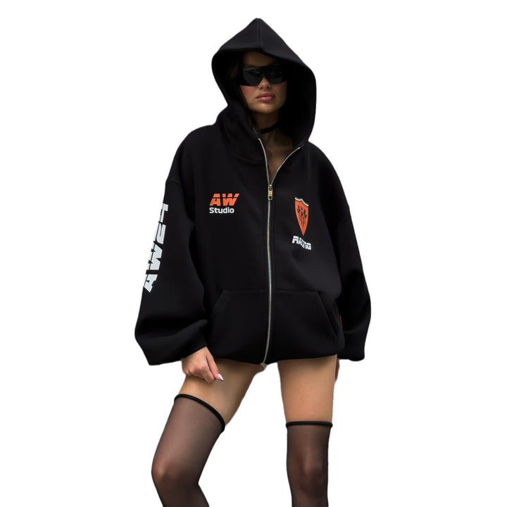 Oversized hoodie jacket for women with graphic running design Lune London