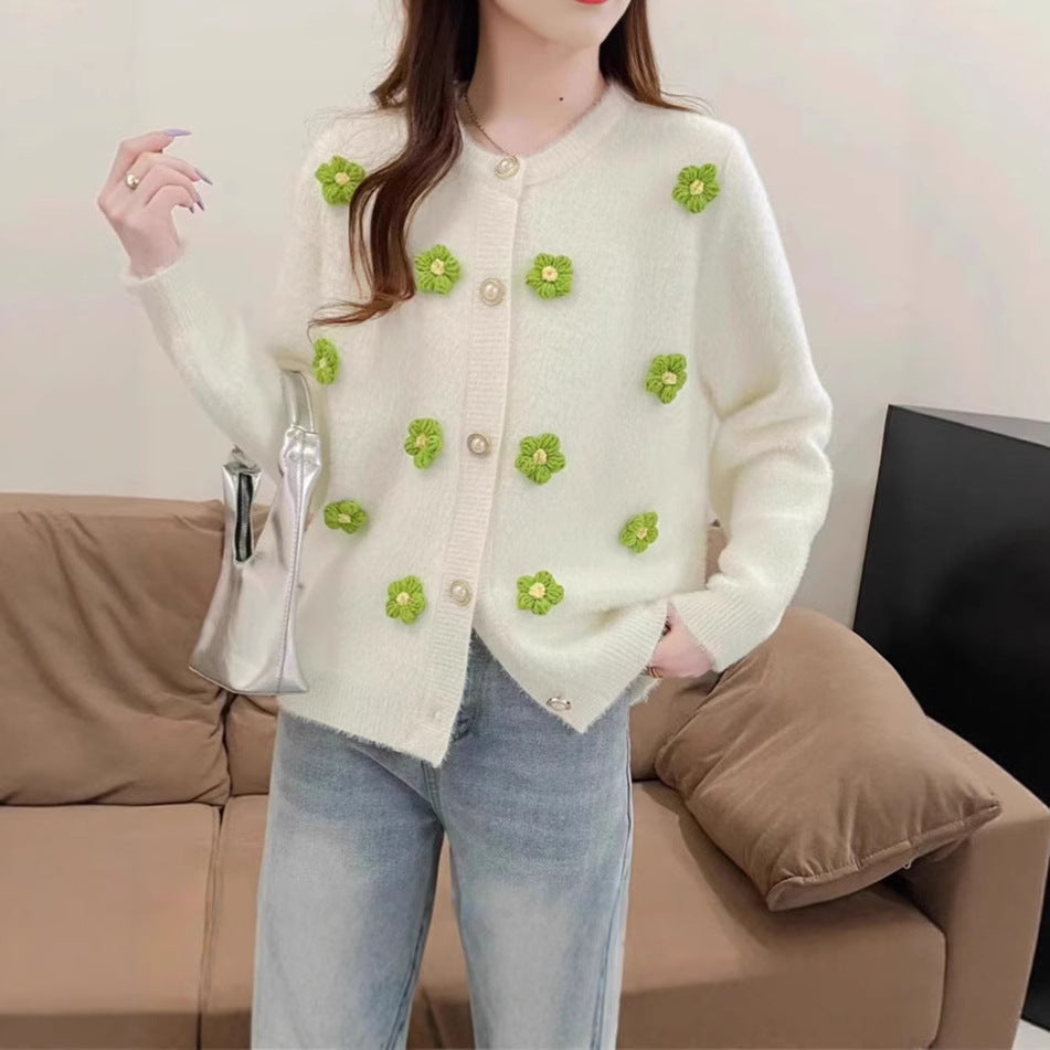 Knit jacket for women with delicate floral embroidery and pearl buttons Lune London