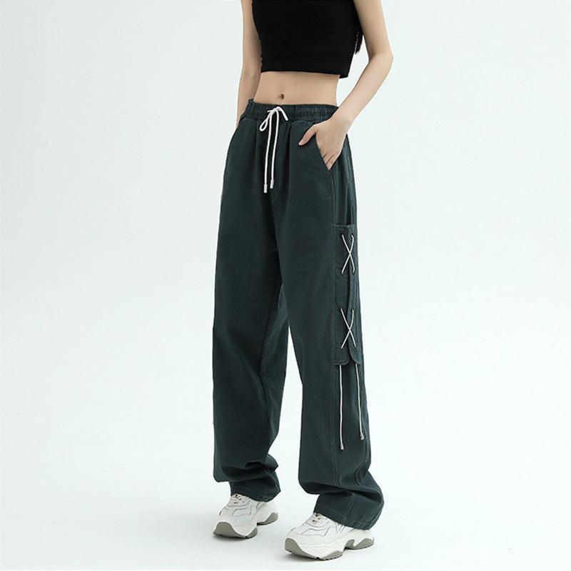 Women's Wide Cut Cargo Pants with Decorative Lacing