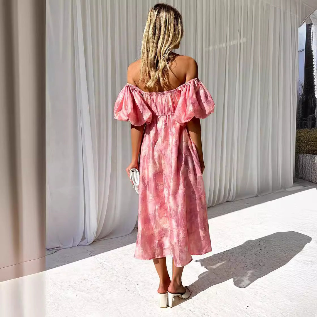 Chic & Stylish Floral Design Puff Sleeve Midi Dress for Women