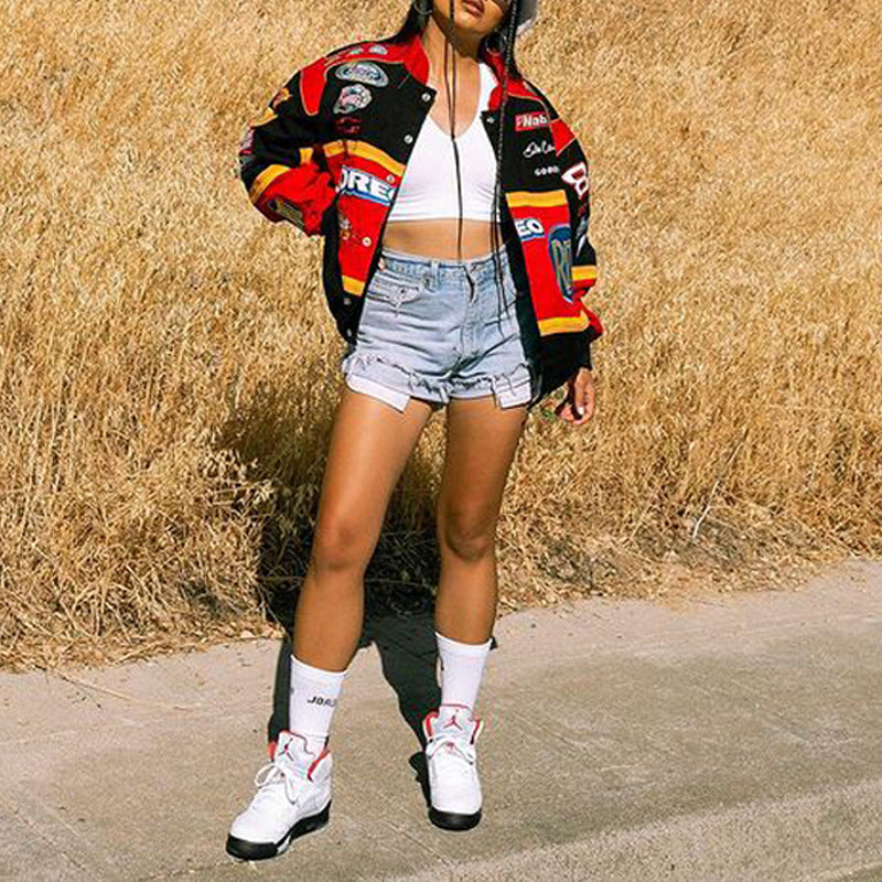 Oversized women's motorcycle sports jacket with colorful graphic details and a loose fit Lune London