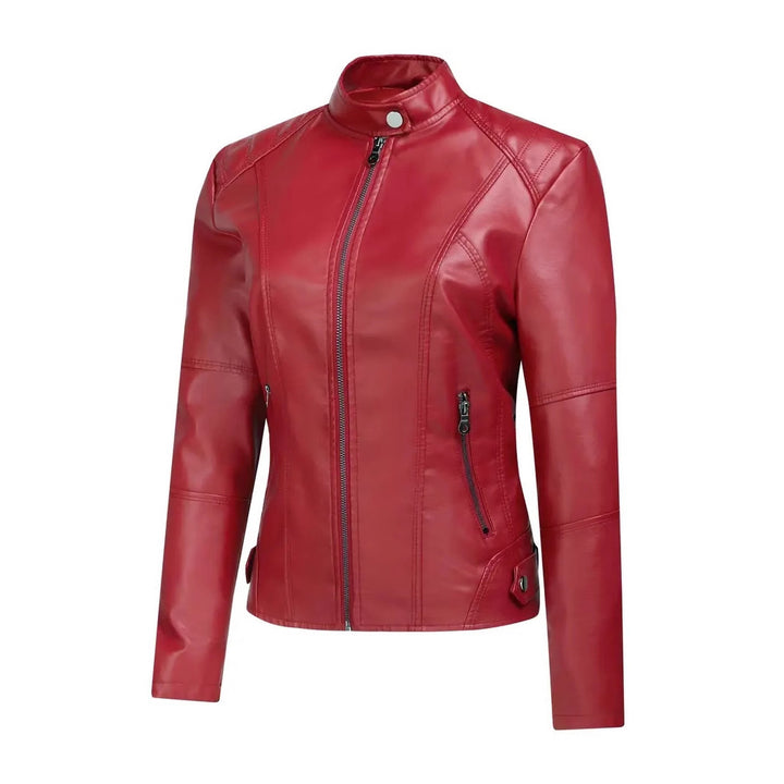 Biker leather jacket for women with asymmetric zipper and modern stand collar Lune London
