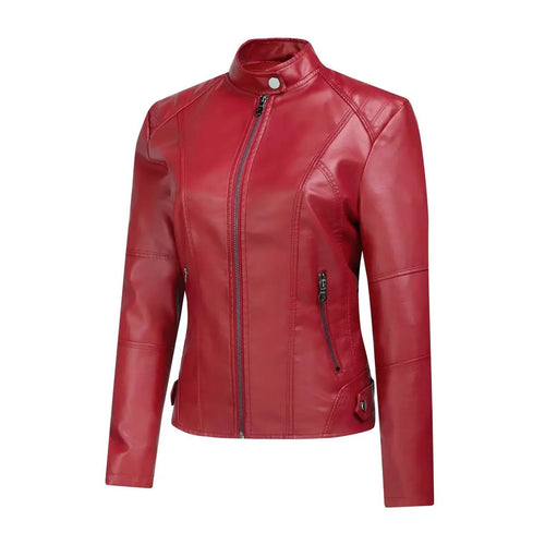 Biker leather jacket for women with asymmetric zipper and modern stand collar Lune London