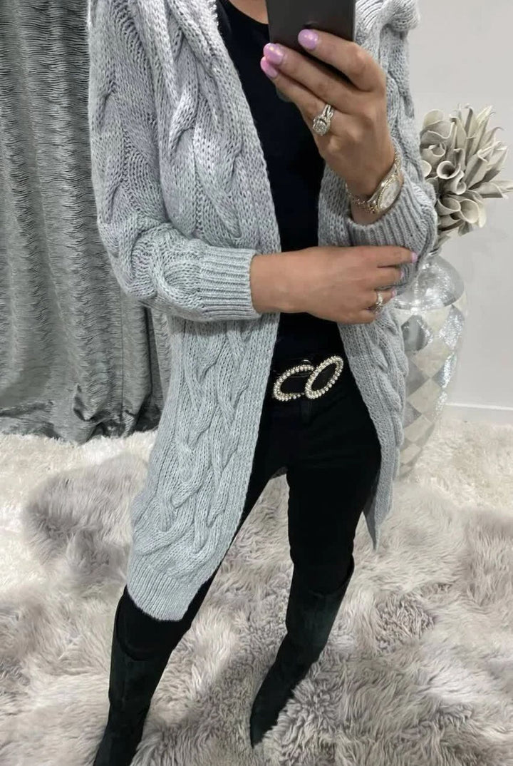 Knitted jacket for women with deep pockets and artistic weaving design Lune London