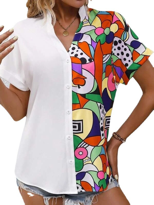 Colored patchwork short-sleeve shirt for ladies with button placket Lune London