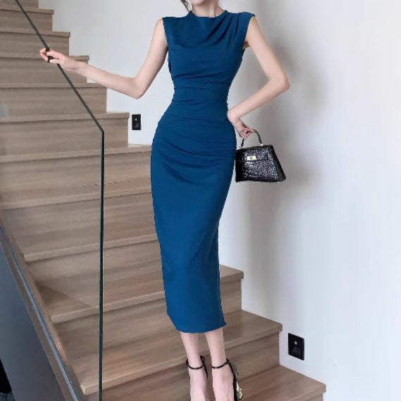 Ladies Elegant Midi Dress with a Sculpting Design and Chic Ruffles Style
