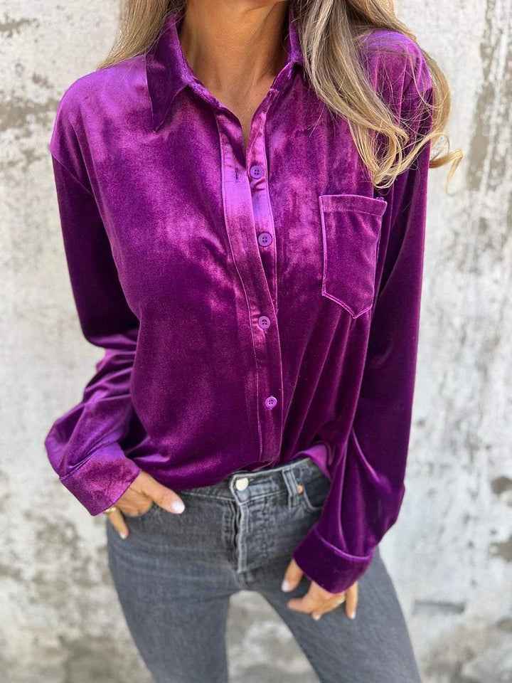 Women Elegant velvet blouse with classic shirt collar and long sleeves Lune London