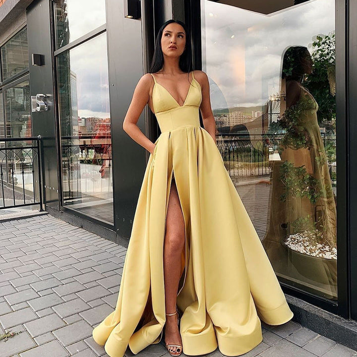 Women's Evening Dress with Exciting Slit and Elegant V-Neck Lune London