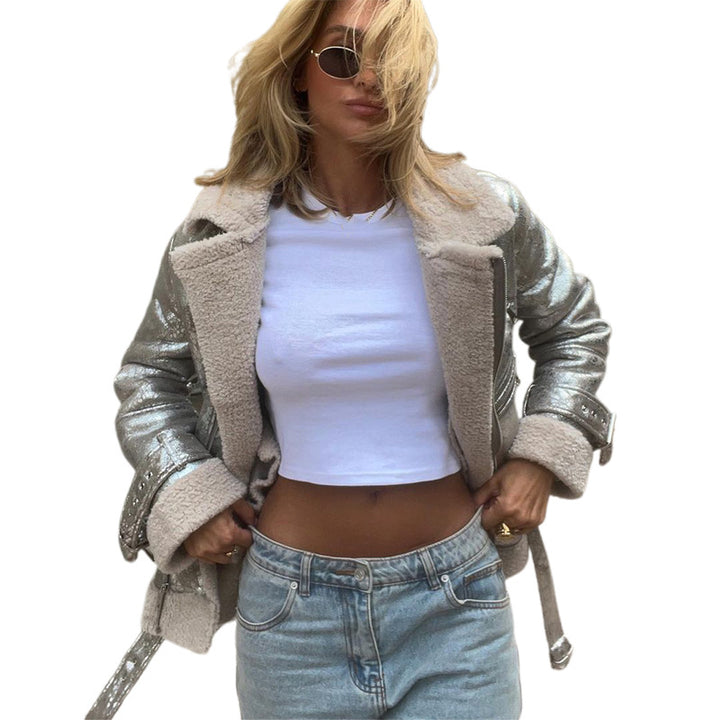 Fashionable women’s transitional jacket with luxurious faux fur trim and shiny surface Lune London