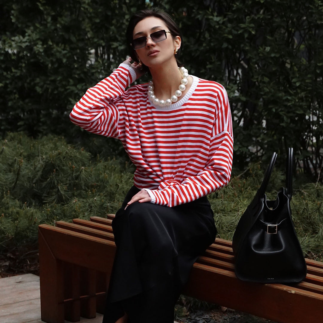 Women striped long casual t-shirt with bow detail Lune London