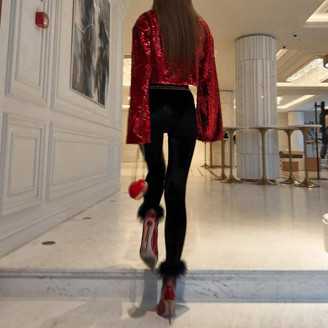 Elegant velvet leggings for women with remarkable faux fur details Lune London